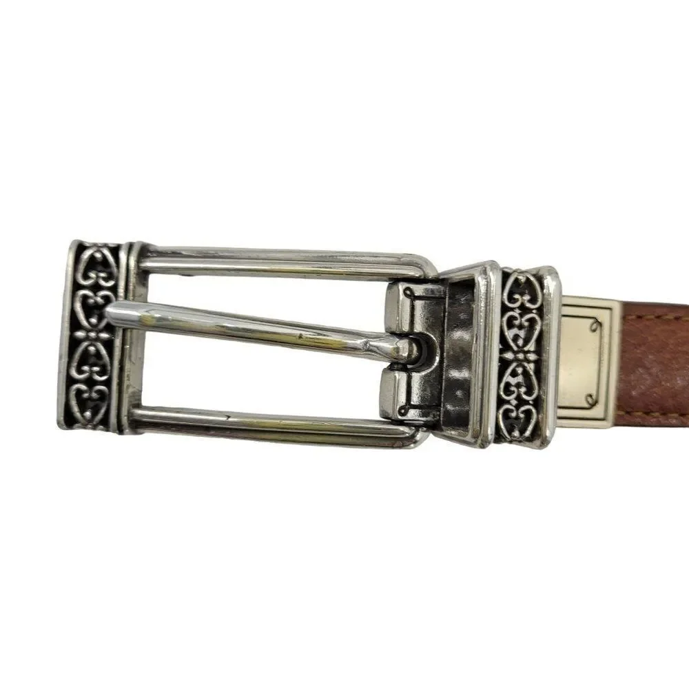 80's Brighton Belt Leather Reversible Skinny Brown Embossed Silver Heart XS/S‎
